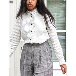 Linen ID Studio Womens Button Down Shirt L XL Victorian 100% Linen White Striped